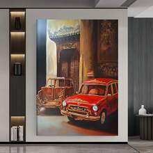Enmarcado Lienzo plano 2D, 1 pieza,  en lienzo enmarcado - Pintura de autos rojos vintage y arquitectura asiática, póster vertical clásico moderno para sala de estar, oficina, decoración de cocina, uso interior/exterior, regalo perfecto para Navidad, Acción de Gracias, Año Nuevo, obra de arte decorativa, decoración artística, obra de arte vibrante - Enmarcado - Ver 4