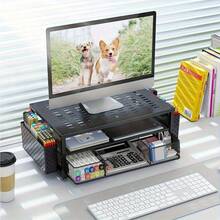 Dieser Monitorständer ist höhenverstellbar und verfügt über zwei Schubladen, zwei Seitenfächer sowie Belüftungsöffnungen. Er eignet sich für Computermonitore, Drucker, Laptops, iMacs und PCs und hilft Ihnen, Ihre Geräte auf dem Schreibtisch im Homeoffice ordentlich zu verstauen. - Übersicht 5
