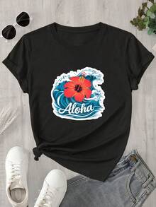 Camisetas de algodón estampadas de moda para mujer, letras en inglés, Navidad, Halloween, lindos patrones de dibujos animados, patrones de flores y otros estampados, telas cómodas, - Negro - Ver 1