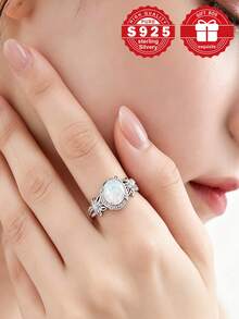 1 buah Cincin Perak Sterling S925 dengan Batu Permata Mirip Opal Berkilau, Desain Premium, Pilihan Hadiah untuk Pemakaian Sehari-hari Wanita, Dilengkapi dengan Kotak Hadiah - Perak - View 3
