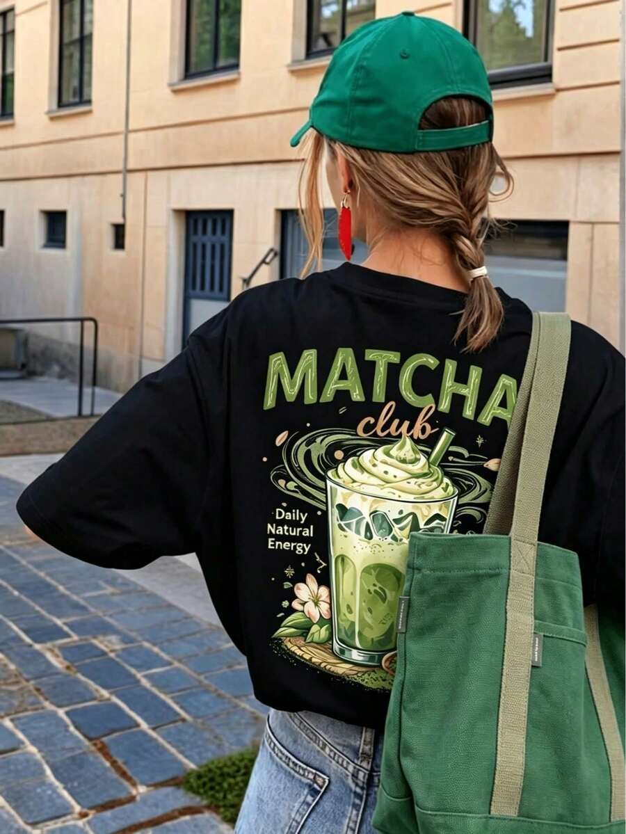 Vintage Short-Sleeved T-Shirt With Macha Club Print, Round Neck For Women, Double Print Front And Back, Streetwear Top For Daily Commutes, Summer Top For Holidays. - Black - View 1