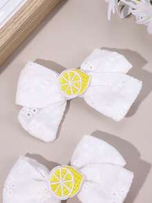 2pcs Yellow Lemon Decor White Fabric Bow Hair Clips, Girls Flower Embroidery Hair Accessories, Spring Summer Lemon Hair Clips, Fruit Theme Party Hair Accessories, Beach Vacation Travel Hair Clips, Teenager Wear Hair Accessories, Gift For Friends - Multicolor - View 4