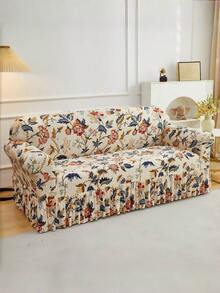 1PC Non-Slip Elastic Aesthetic Sofa Cover, Milk Silk Fabric Floral Print Ruffle Design, Fit For 1-2-3-4 Seater Sofa, Pet-Proof Anti-Stain, Vibrant Colors, All Seasons - Multicolor - View 8
