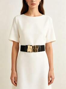 Elastic Wide Belt For Women Gold Metal Buckle Waist Cincher Stylish Dress Accessory - Black - View 8
