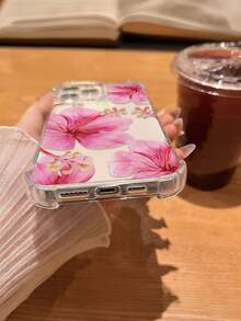 1pc Fashionable Pink Floral Print Phone Case, Soft TPU Shockproof Full Protection Cover Compatible With IPhone 17, 17 Pro, 17 Pro Max, 16 Pro Max, 16/15/14/13/12/11 Pro Max, Spring Anniversary Gift - Clear - View 5