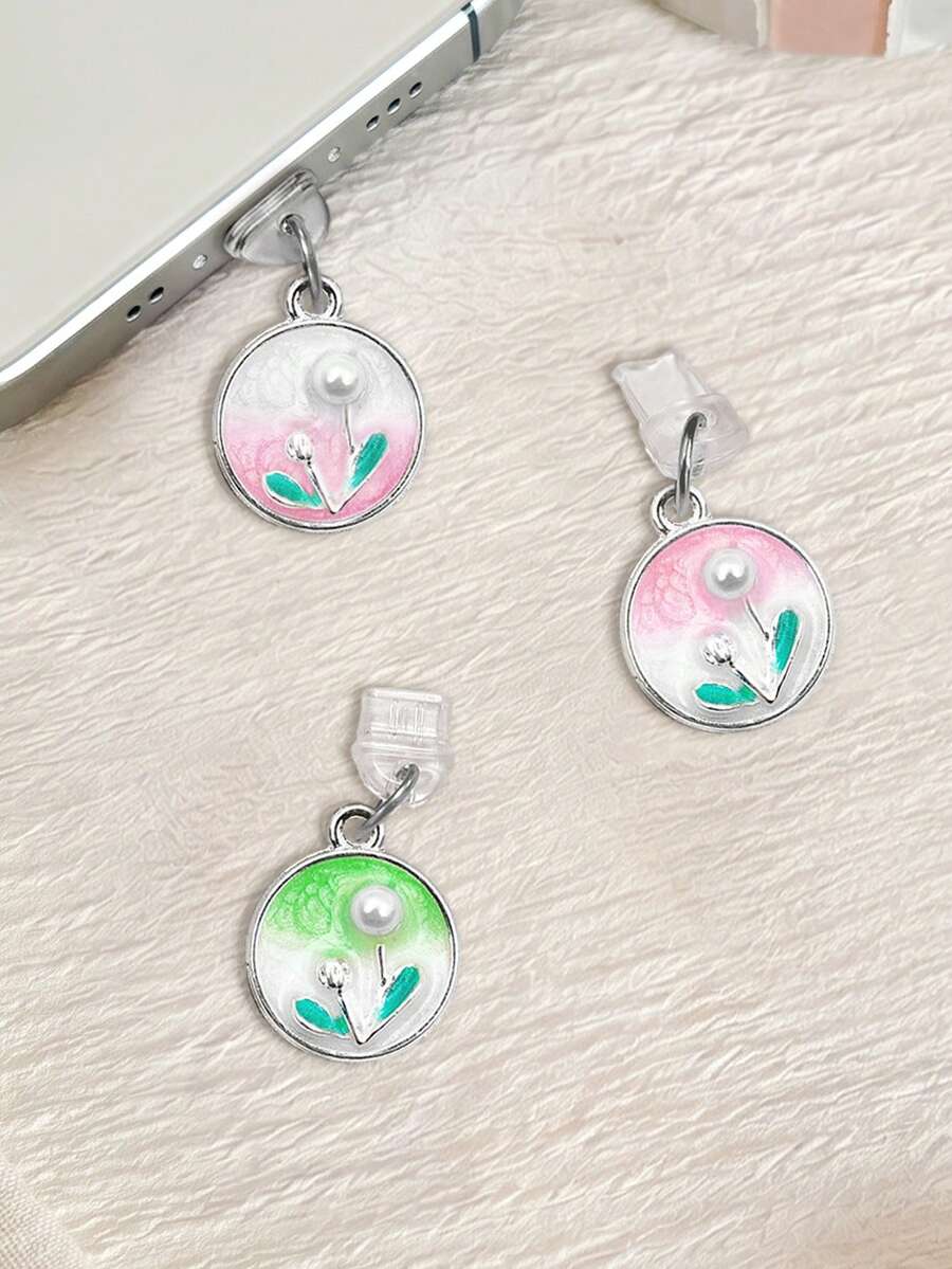 Gradient Oil Painting Faux Pearl Flower Phone Dust Plug, Garden Style Phone Charging Port Decoration Anti-Lost Pendant, Universal For All Phone Models - Multicolor - View 1