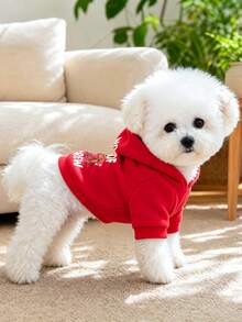 PETCIRCLE 1件寵物衣狗貓衣服戶外室內穿著小狗幼犬春秋舒適套頭連帽衫連帽印花運動衫系列純色運動衫 - 亮紅色 + 熱轉印印花幼犬 - 紅色 - 查看 2