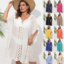 Women's Plus-Size Dress With Hand-Crocheted Floral Patchwork, Loose-Fitting Beach Bikini Cover-Up - White - View 2