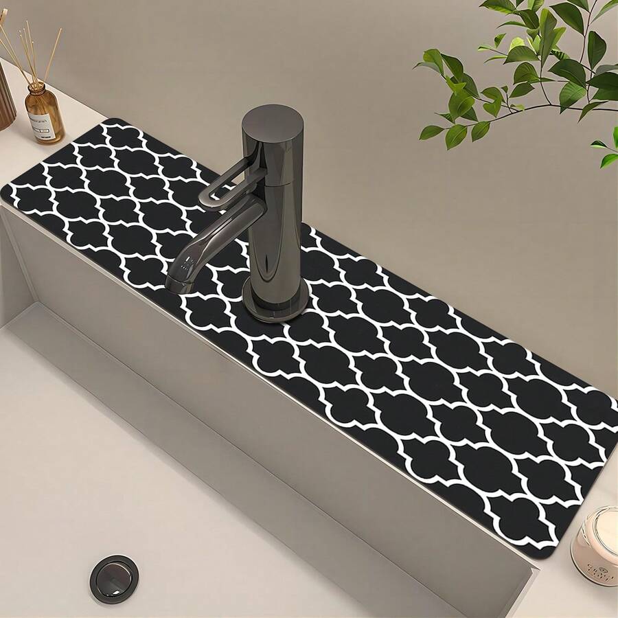 1pc Black Diamond Grid Sink Faucet Absorbent Mat, Drainage Mat, Kitchen, Bathroom Sink, Countertop, Drainage Mat, Diatomaceous Earth Wash Basin, And Trimmable Quick-Dry Mat.