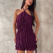 Yunuo Menswear  Nuevo vestido mini de malla con volantes asimétricos en la cintura y el bajo, estilo bohemio elegante, color púrpura, escote halter, adecuado para el Día de San Valentín y la temporada de bodas - Morado - Ver 6