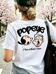 90s Retro Anime Cartoon Graphic Print Short Sleeve White T-Shirt, Nostalgic Casual Daily Top - White - View 2