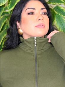 Women's Plus Size Winter Set, Plain, Consisting Of Wide-Leg Pants And A Zippered Top In Ribbed, Fleece-Lined Knit Fabric. - 軍綠色 - 查看 8