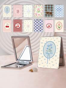 1PC Millennium Y2K Series Portable Vanity Mirror, Foldable Lightweight Ultra-Thin Convenient Hand Mirror, PU Leather, Suitable For Multiple Occasions And All People, Rectangular Small Mirror, Pocket Mirror, Carpet Pattern Design, Exquisite And Delicate, Foldable Structure, Durable And Reliable, Drop-Resistant, Easy To Carry, Handheld Makeup Mirror, 180° Flip Cover, Multi-Functional - Multicolor - View 1