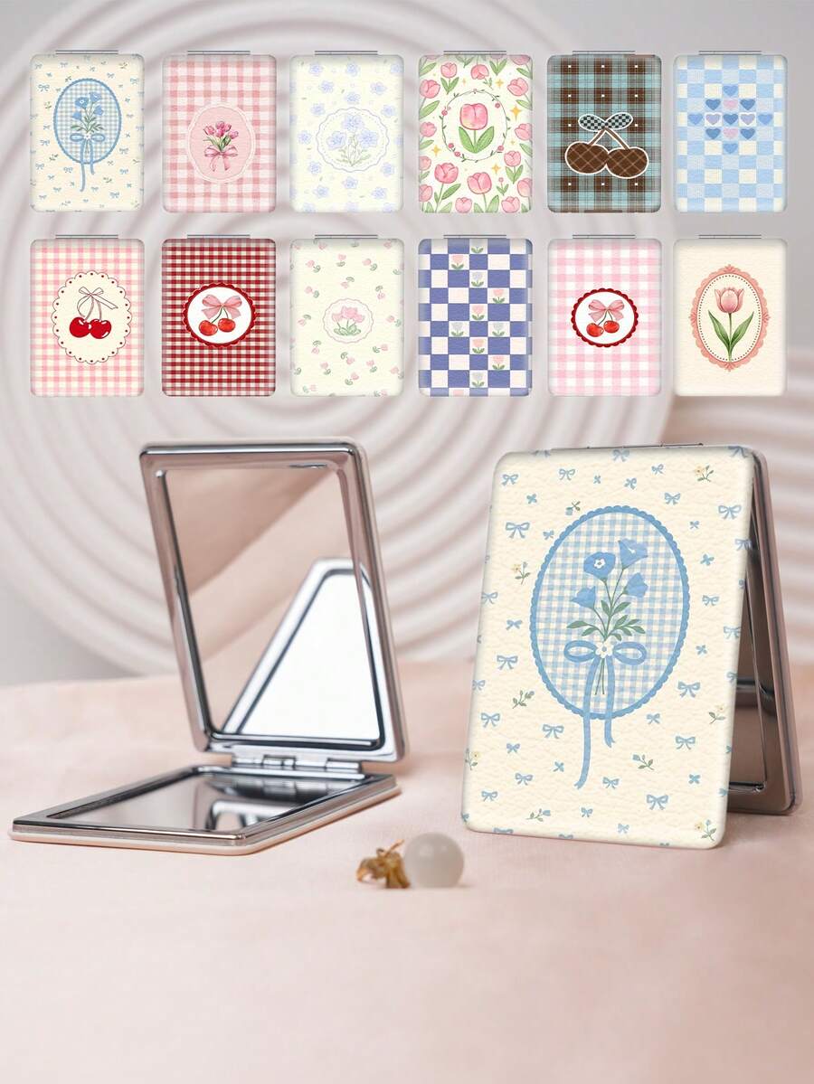 1PC Millennium Y2K Series Portable Vanity Mirror, Foldable Lightweight Ultra-Thin Convenient Hand Mirror, PU Leather, Suitable For Multiple Occasions And All People, Rectangular Small Mirror, Pocket Mirror, Carpet Pattern Design, Exquisite And Delicate, Foldable Structure, Durable And Reliable, Drop-Resistant, Easy To Carry, Handheld Makeup Mirror, 180° Flip Cover, Multi-Functional - Multicolor - View 1