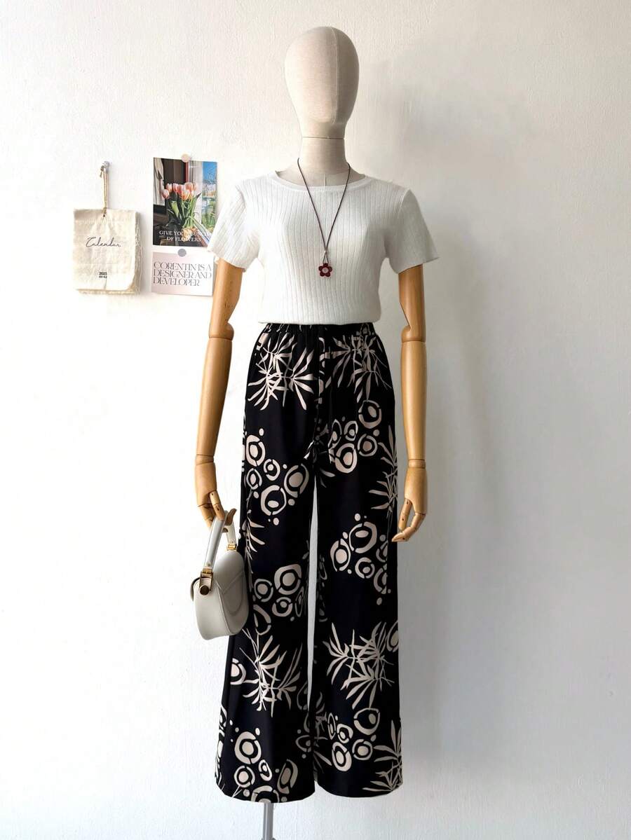 Women's Pants With Floral Print, Duna Fabric. - 黑色 - 查看 1