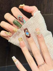 10pcs Handmade Press-On Nails [Rose Night Secret] Court Style Contrast Color Baroque Pearl Fake Nails, Suitable For Women - Green - View 4