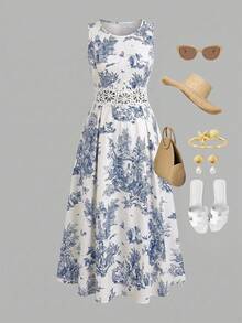 CURVE Vestido maxi de mujer talla grande con estampado floral azul y blanco de estilo chinoiserie, sin mangas, cuello redondo, con encaje calado y volantes en la línea A, vintage casual, para ir al trabajo, playa y uso diario, nueva llegada de verano - Azul y blanco - Ver 1