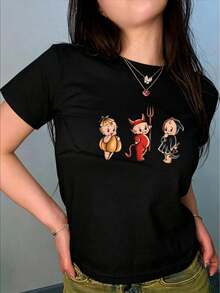 Women's Printed T-Shirt, Lightweight, Breathable, Comfortable, And Versatile. 100% Cotton, Cool And Airy, Machine Washable. Stylish Summer Wear With A Modern, Urban Feel. - 黑色 - 查看 1