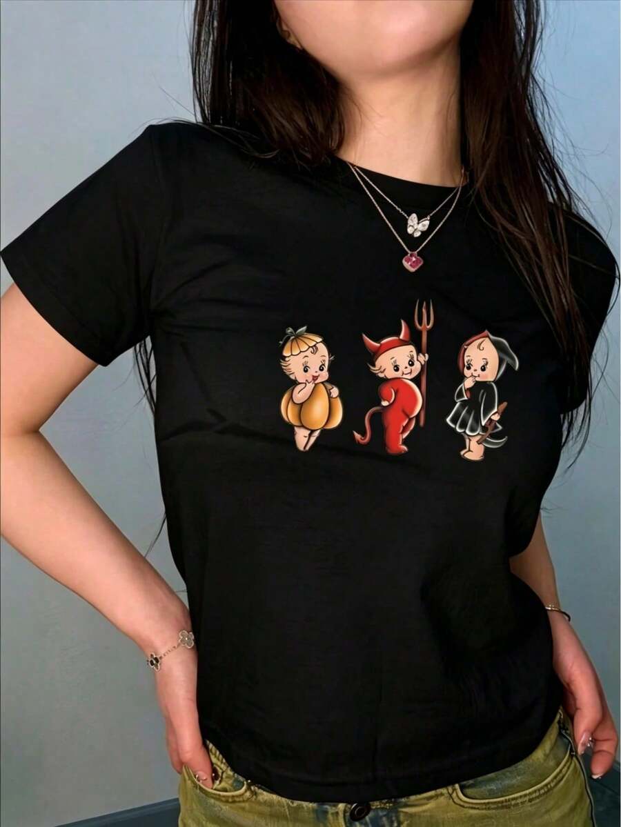 Women's Printed T-Shirt, Lightweight, Breathable, Comfortable, And Versatile. 100% Cotton, Cool And Airy, Machine Washable. Stylish Summer Wear With A Modern, Urban Feel. - 黑色 - 查看 1