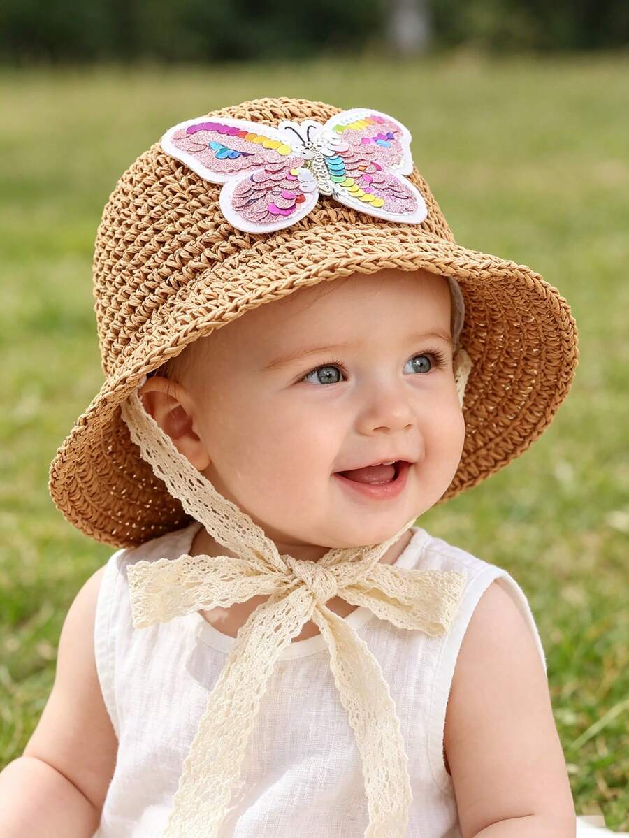 1 pieza Sombrero de paja tejido a mano con lazo para niña bebé 1-2 años, protección solar primavera verano - Mariposa grande - Caqui - View 1