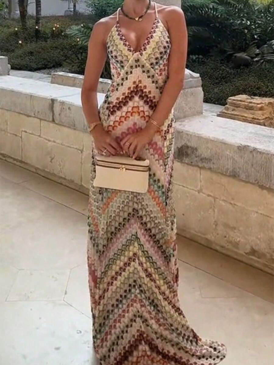 Boho Rainbow Crochet Halter Maxi Dress V Neck Spaghetti Strap Flowy Long Dress Summer Beach Vacation Resort Sundress - Multicolor - Ver 1