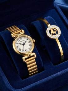 REBIRTH 2pcs/Set Fashion Minimalist Heart Bracelet And Watch Casual Versatile Daily Wear Watch Set - Gold - View 5