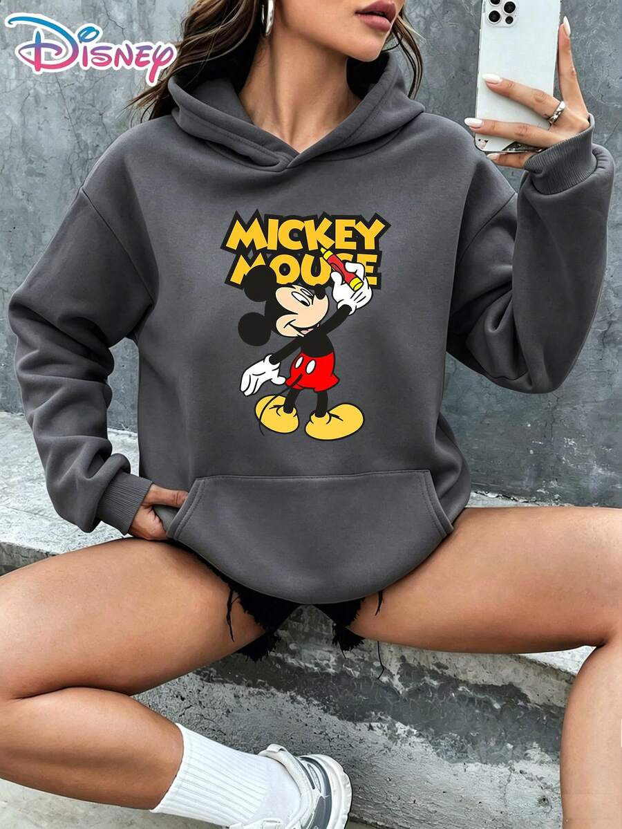 Disney Mickey Mouse Retro Bold Lettering Party Popper Cartoon Graphic Pullover Hoodie Women's Casual Daily Wear Long Sleeve Classic Nostalgic Style Streetwear Soft Comfortable Top For Disney Fans It Is A Gift For Fans And Friends, And It Is Also A Perfect Gift Choice For Lovers And Relatives. - Grey - View 1