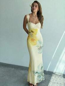 Sleeveless Printed Dress With Lace New - 藍白色 - 查看 3