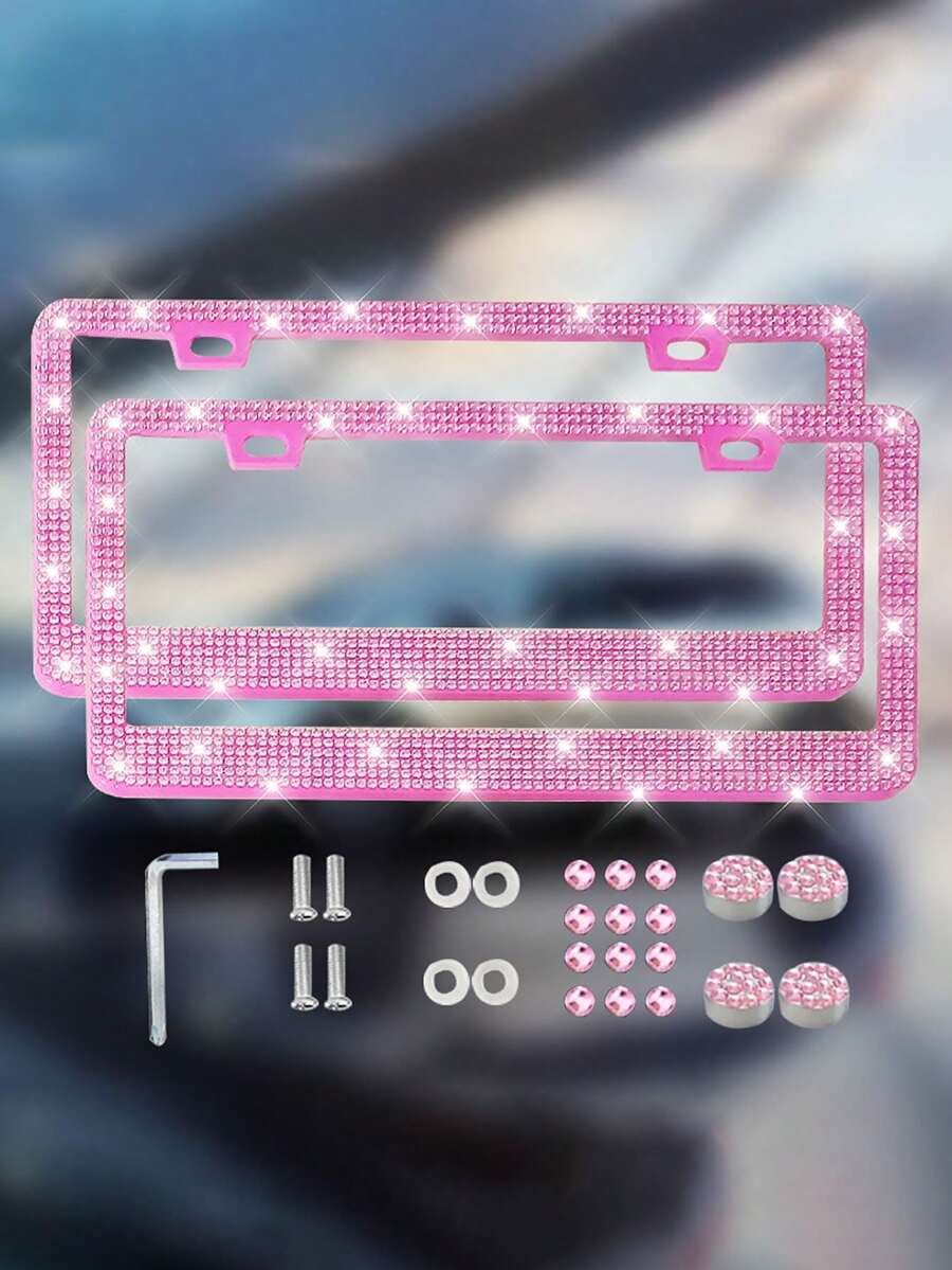 1/2 Pcs License Plate Frame - Durable Shiny License Plate Frame, Women's Style, Stainless Steel, No Obstruction Border, Inlaid With Multi-Faceted Cut Rhinestones, Shiny Rhinestone Diamond Car Accessories, With Shiny Crystal Screw Caps - Multicolor - View 1
