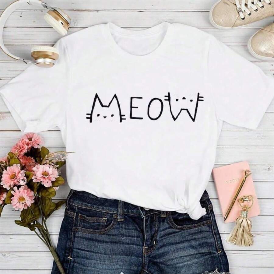 2026 Women's Quality Casual Cotton T-Shirt, Women's T-Shirts With Cartoon And Wine Print, Fun And Fashionable Clothes For Spring Summer, Elegant Women's T-Shirt, Printed T-Shirt For Girls, Unisex Basic T-Shirt - 白色 10 - 查看 1