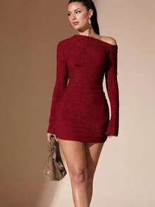 Vestido hombro único brillante manga larga ajustado fiesta primavera - Rojo - Ver 4