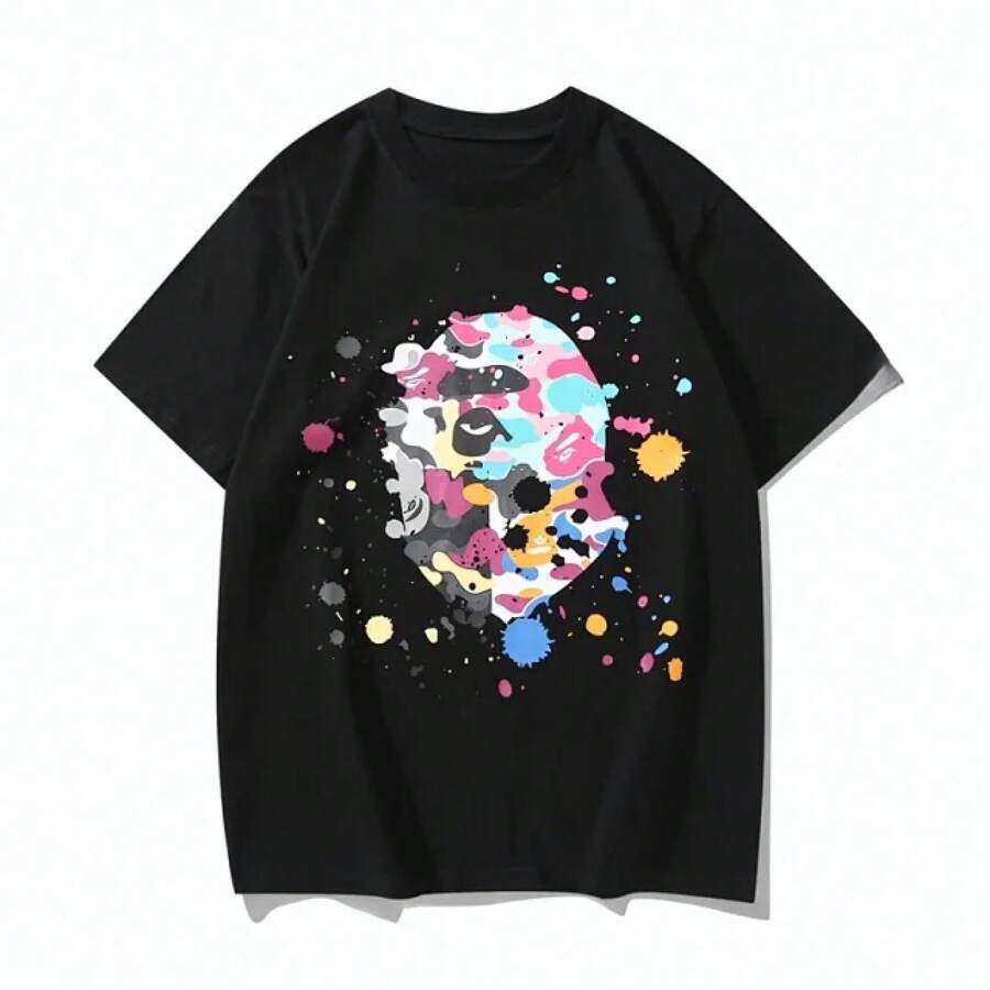 Two Tone Camo Design Oversized Streetwear Tee - Black - View 1