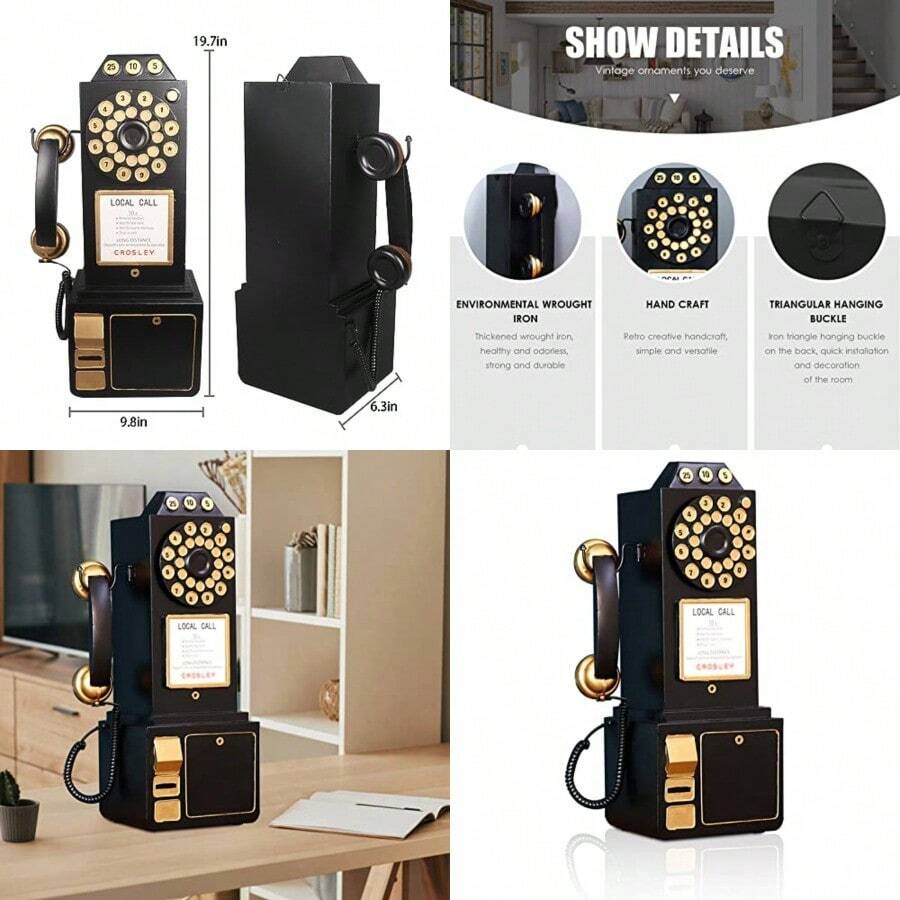 Teléfono antiguo con esfera giratoria modelo de teléfono fijo clásico accesorios clásicos para teléfono de 9.8 pulgadas de largo x 6.3 pulgadas de ancho x 19.7 pulgadas de alto negro retro para - Negro C - Ver 1