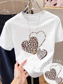 Women's Short-Sleeved T-Shirt With Heart Print, Spring Clothing, Holiday Outfit, White For Summer, Beach Look, Vacation Style, Country Style, Women's Office Outfit. - 白色 - 查看 8