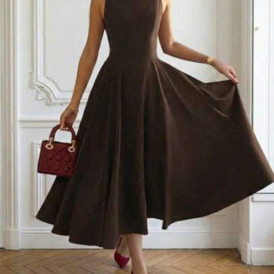yonghongmaoyi1 Elegante vestido de Navidad de noche romántico francés sin espalda, ajustado, para fiesta y citas, de verano - Marrón - Ver 1