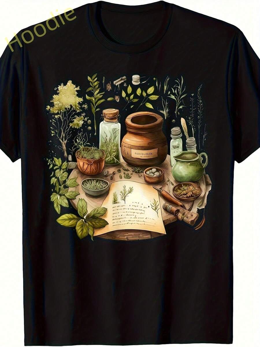 Camiseta Vintage de Herbólogos - Diseño de Medicina Botánica Naturopática con Gráficos de Hierbas, Tela Suave y Transpirable, Camiseta de Manga Corta con Cuello Redondo para Uso Casual en To - Negro - Ver 1