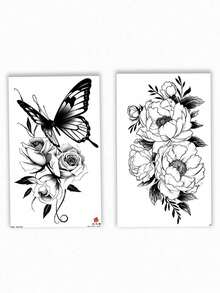2 Sketch-Style Temporary Tattoos With Butterfly And Peony Patterns. Non-Reflective And Lifelike, Fit For Arms, Back And Spine. They Stay Vivid For 3 To 5 Days, Excellent Realistic Body Art For Daily Wearing. - Black - View 10