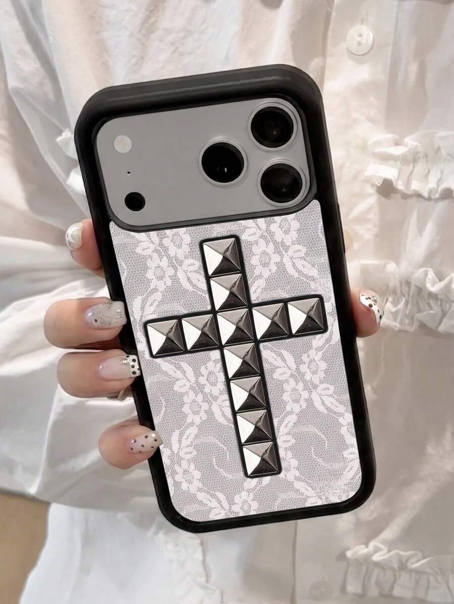 1pc 3D All-Over Print Punk Y2K Cool Rivet Cross Dark Style Phone Case Compatible With IPhone 17 Pro Max 17 Pro Air 16 15 14 13 12 11 Pro Max Plus Soft TPU Protective Cover - Lace Cross - View 1