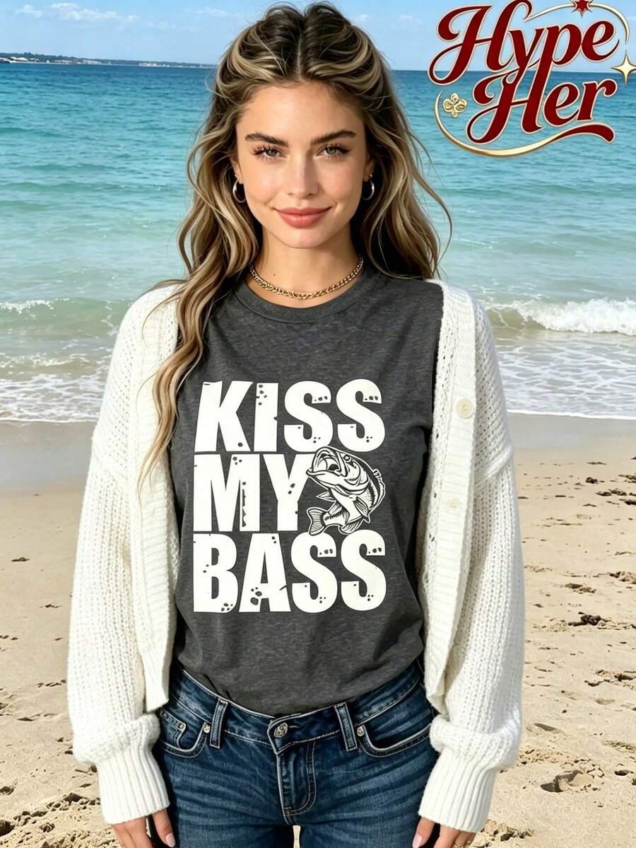 T-Shirt Oversize Da Donna In Cotone Con Maniche Corte E Scollo Rotondo, Bestseller Di HypeHer 2026, Con Stampa "Kiss My Bass Fish", Ideale Per Lo Streetwear O L'ufficio, Top Alla - 黑暗的 - 查看 1