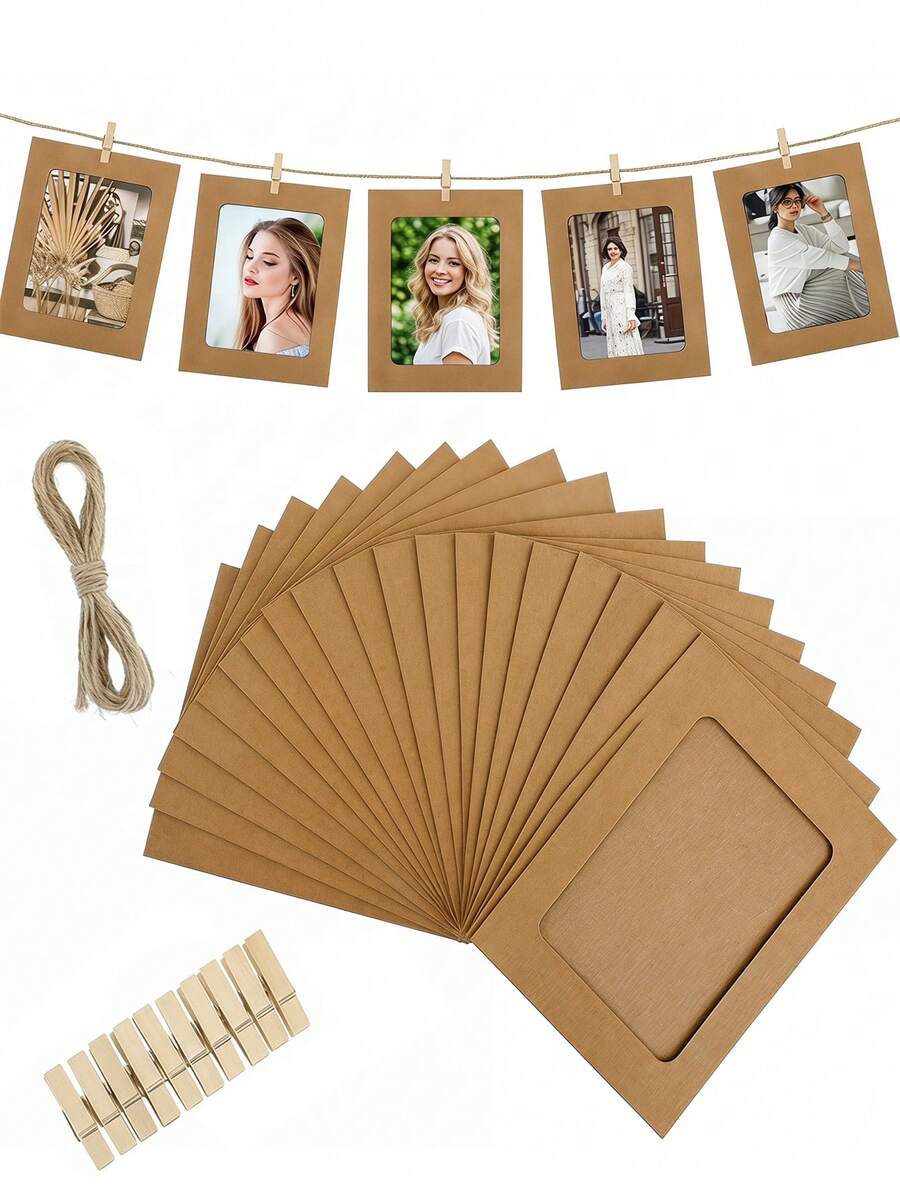 20/10/1pc Vintage Kraft Paper Photo Frame With Clips And Jute Rope, For Banner Home Decor, Suitable For Wedding, Anniversary, Birthday, Holiday Party, Clip-On Photo Display Rack, Multi-Functional Hanging Photo Banner, Suitable For Home And Office Decor - Picture Frame - View 1