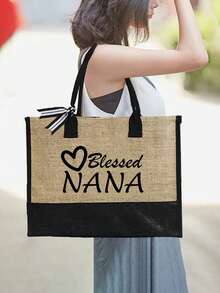 Nana Love 3件組亞麻托特包套裝，印有 Nana Love 字母圖案，時尚包款，小錢包，高地牛圖案豹紋蝴蝶結，大容量托特包，通勤托特包 + 收納包，教會活動禮物，大容量設計，側面水壺網袋，方便放置聖經、筆記本電腦、水壺、雨傘等 - 彩色 - 查看 5