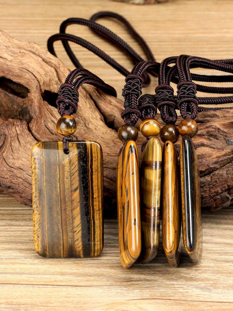 Boho Natural Tiger Eye Rectangular Pendant Necklace Hand-Knitted.Unisex Style.Perfect For Everyday And Holidays Wear.The Perfect Gift