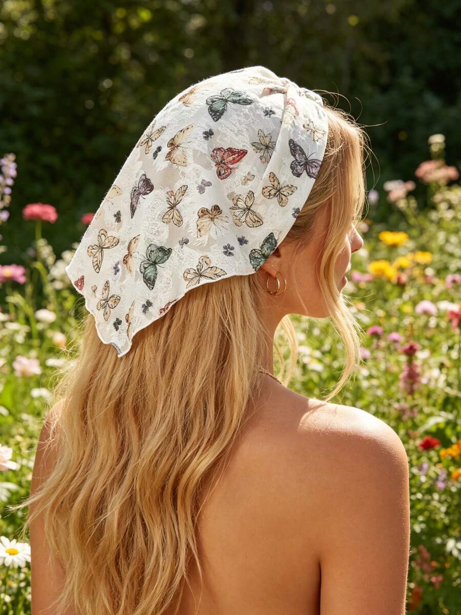 1pc Fashion Bohemian Colorful Bionic Butterfly Print Triangle Bandana Hair Scarf For Women, Spring/Summer Pastoral Fresh Style Hair Accessory Suitable For Daily Wear - White - View 1