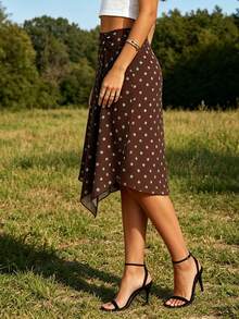 Womens Summer Midi Skirt A Line Stylish Dot Print Asymmetrical Hem Mid Rise Skirts - Marrón - Ver 5