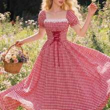 jianchaimaoyi02  PETITE Vestido maxi elegante de vacaciones con cuello de volantes, mangas de pétalos, cintura con lazo y estampado de parches florales románticos en rosa - Rojo y blanco - Ver 1
