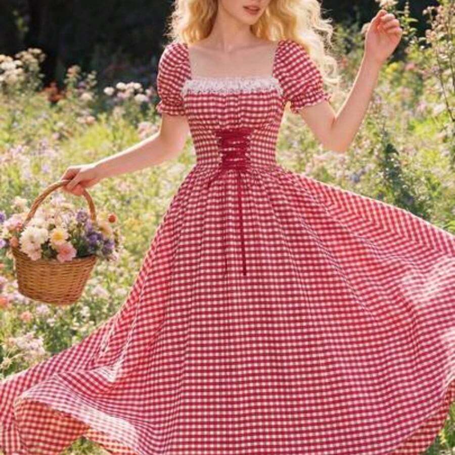 jianchaimaoyi02 PETITE Vestido maxi elegante de vacaciones con cuello de volantes, mangas de pétalos, cintura con lazo y estampado de parches florales románticos en rosa - Rojo y blanco - Ver 1