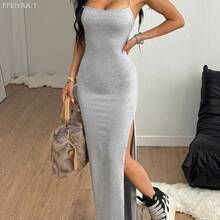 MewMuse.  Vestido largo dividido con cinta tejida, look Y2K para mujeres, ideal para usar en la calle, conciertos, citas nocturnas y vacaciones de verano - Café integral - Ver 6