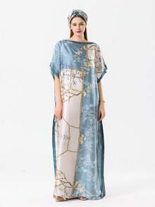 2件組（1件披肩 + 1件小圍巾）女款輕量復古優雅條紋花卉印花仿絲綢套頭圍巾組，適合春夏海灘休閒度假，多功能防曬披肩 - 彩色 - 查看 2