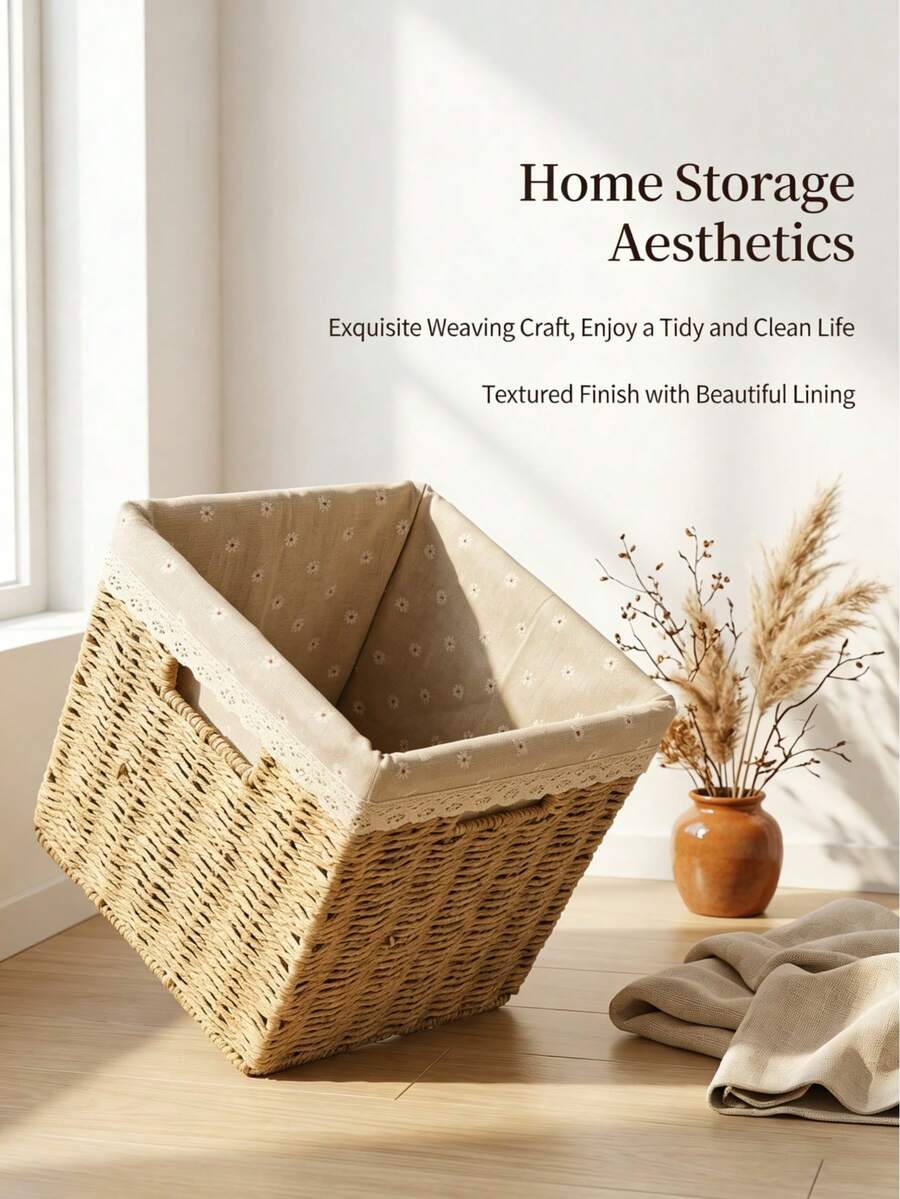 2/1pc Minimalist Square Woven Storage Basket, Optional With Fresh Floral Lining And Lace Trim, Washable Lining, Large Capacity, Suitable For Home Multi-Scenario Organization - Multicolor - View 1