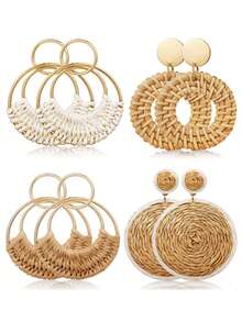 Xiacheng 4-9 Pairs Handmade Rattan/Leopard Print Pendant Earrings, Bohemian Holiday Style Jewelry - Classic Color - View 13